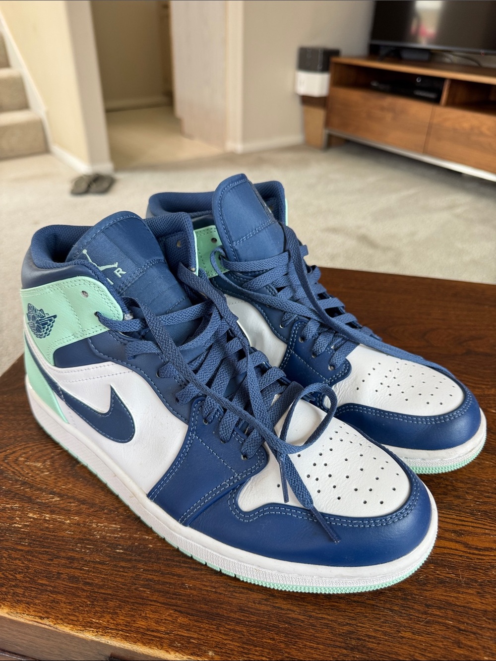 Air Jordan Mid Top Sneakers in Navy, White & Light Green